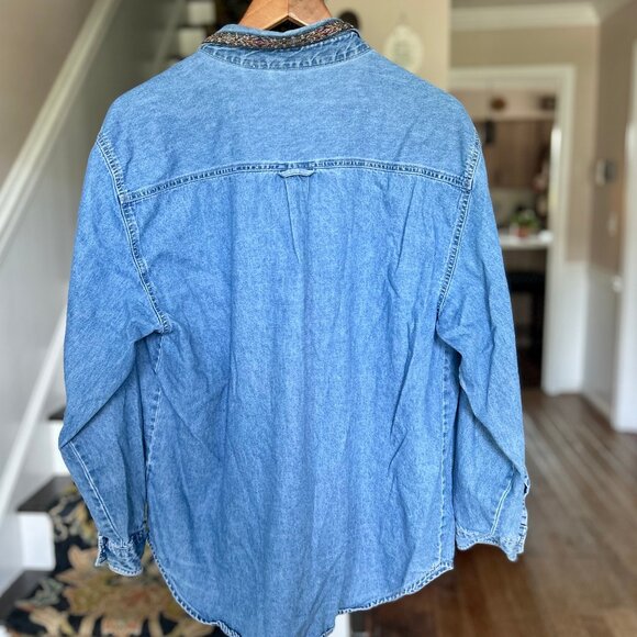 Bobbie Brooks Vintage Denim Shirt w/ Embroidered Autumn Fall Leaves Womens Sz XL - Picture 2 of 8